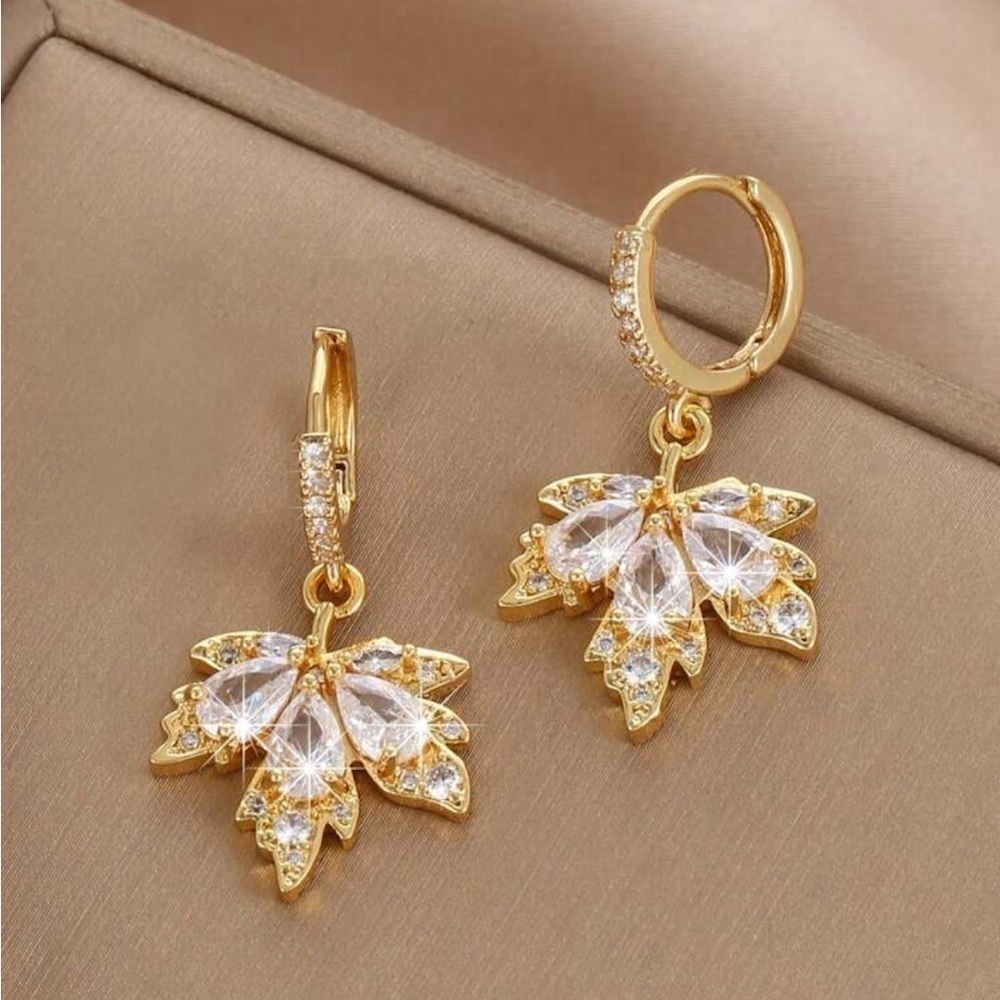 18k Gold Plated Crystal Leaf Drop Earrings